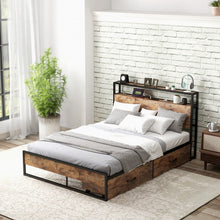 Charger l&#39;image dans la galerie, Industrial-Style Metal Bed Frame with 2-Drawer Storage Headboard

