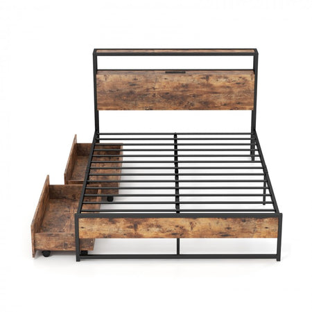 Industrial-Style Metal Bed Frame with 2-Drawer Storage Headboard