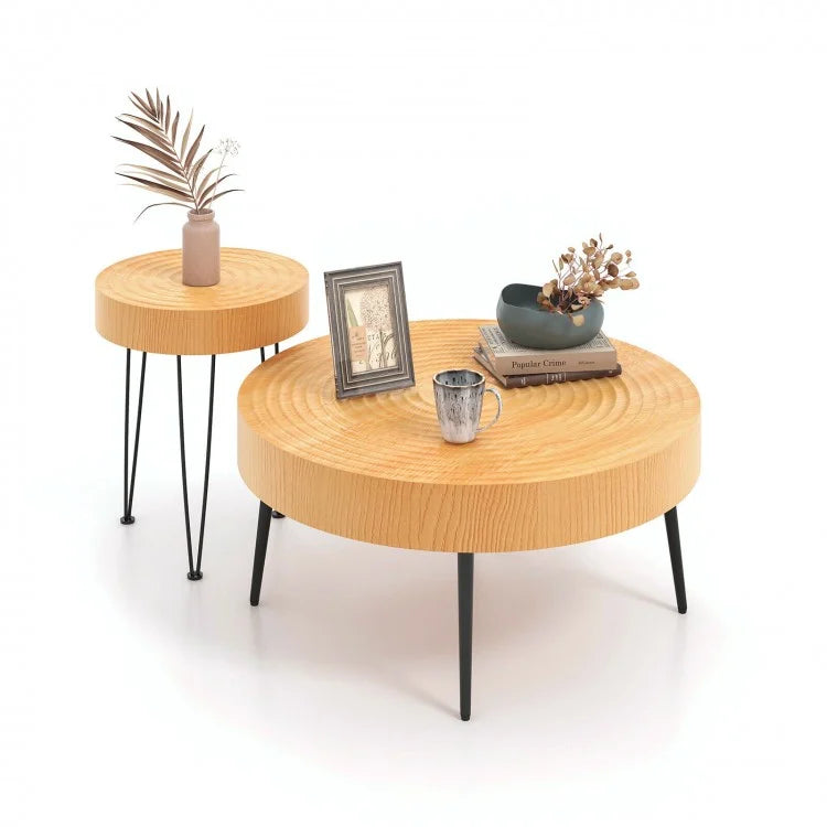Modern Minimalist Round Solid Wood Coffee Table Set - 2-Piece, Ideal for Living Room