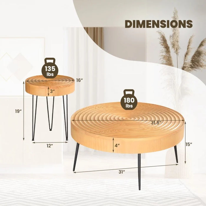 Modern Minimalist Round Solid Wood Coffee Table Set - 2-Piece, Ideal for Living Room