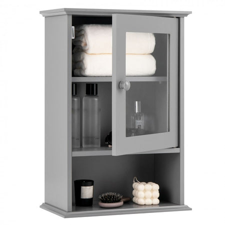 Gray Wall-Mounted Bathroom Storage Cabinet with Doors and Open Shelves