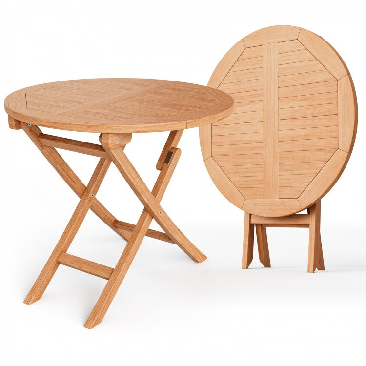 Costway Outdoor Wood Round Dining Table Folding Coffee Table - Suitable for Patio, Backyard, Garden, and Pool