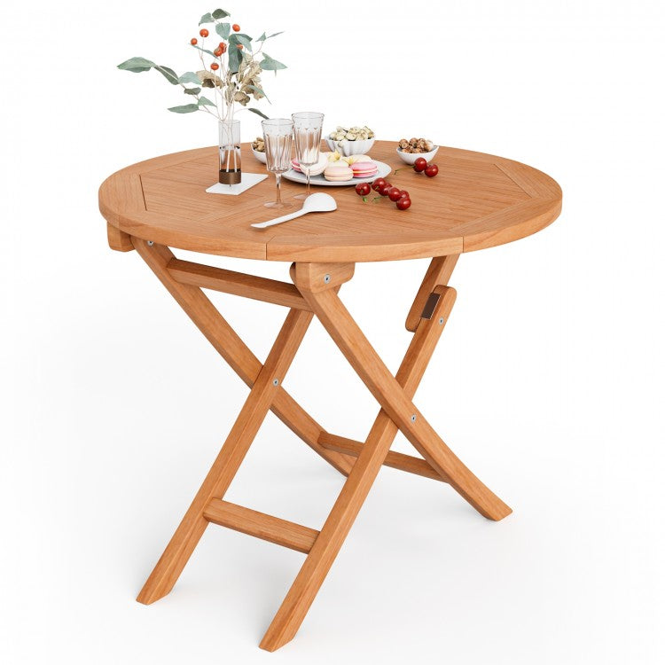 Costway Outdoor Wood Round Dining Table Folding Coffee Table - Suitable for Patio, Backyard, Garden, and Pool