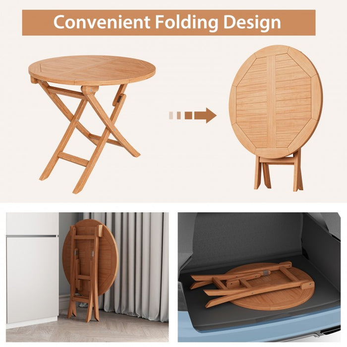 Costway Outdoor Wood Round Dining Table Folding Coffee Table - Suitable for Patio, Backyard, Garden, and Pool