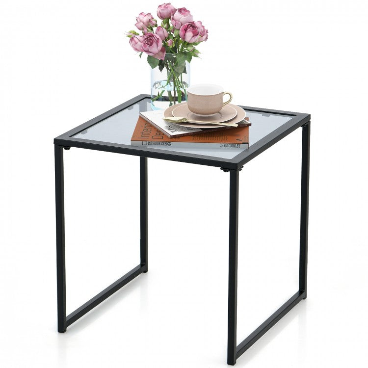 Costway Black Side Table with Glass Top - Coffee Table Suitable for Living Room, Cafe, and Garden