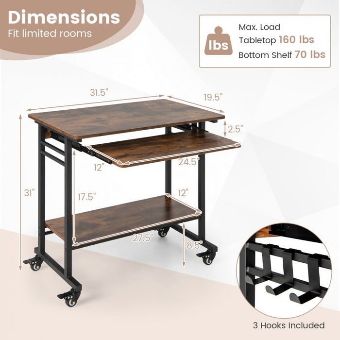 Rolling Computer Desk with Pullout Keyboard Tray for Office