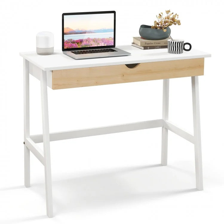 White Desk with Natural Color Drawers - Computer Desk Ideal for Bedroom, Study, and Dormitory