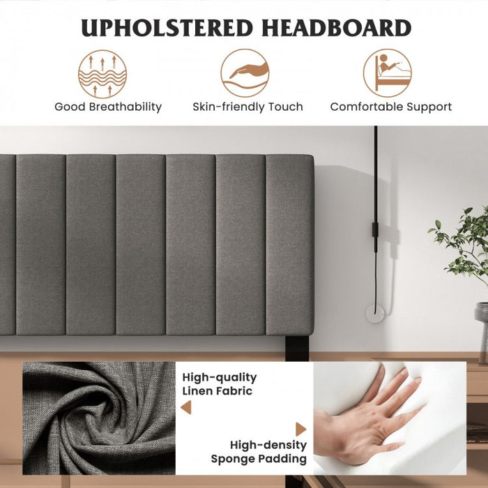 Modern Minimalist Gray Linen Padded Headboard Bed Frame