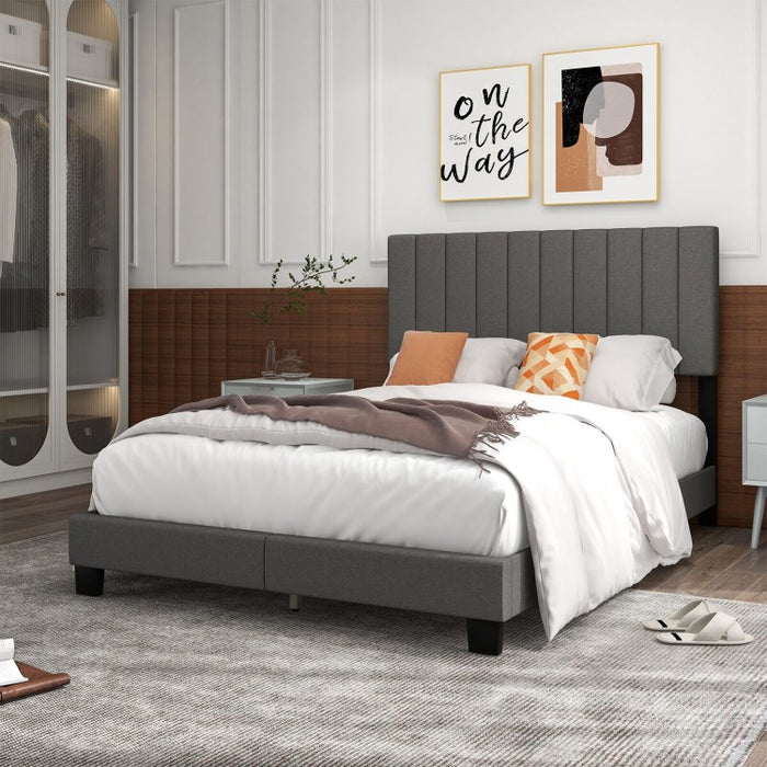 Modern Minimalist Gray Linen Padded Headboard Bed Frame