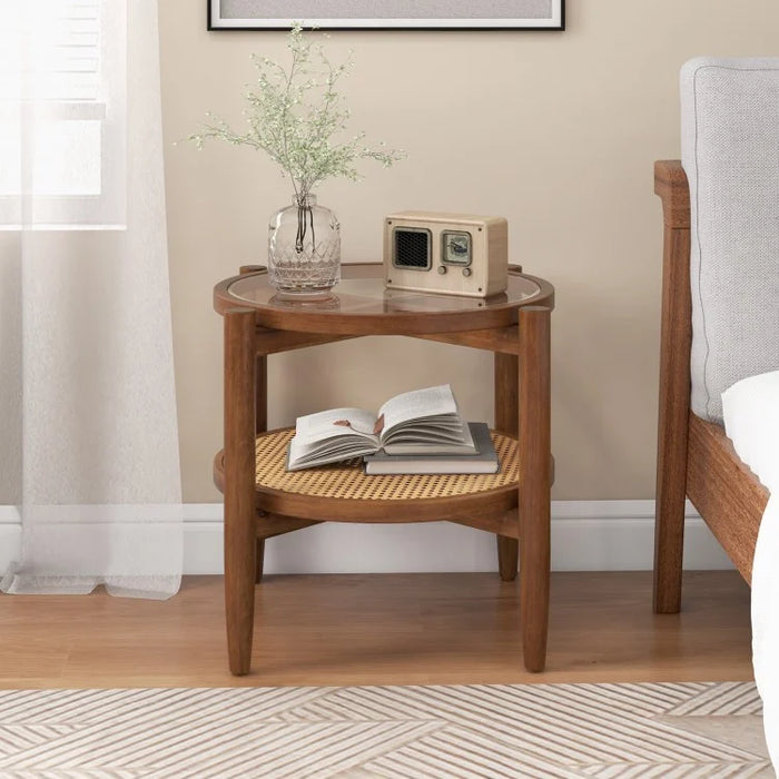 Costway Wooden Round Side Tables with Tempered Glass Top - Suitable for Bedroom