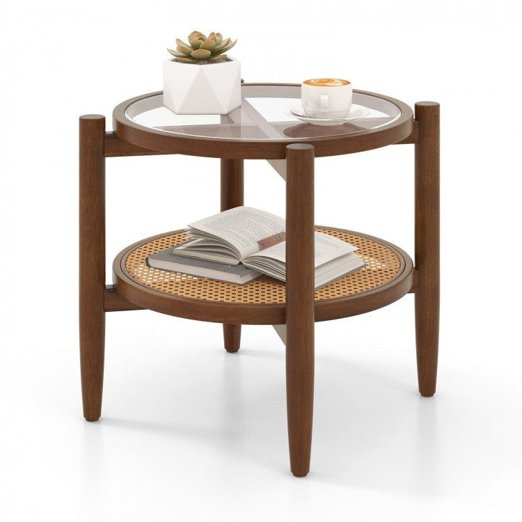 Costway Wooden Round Side Tables with Tempered Glass Top - Suitable for Bedroom