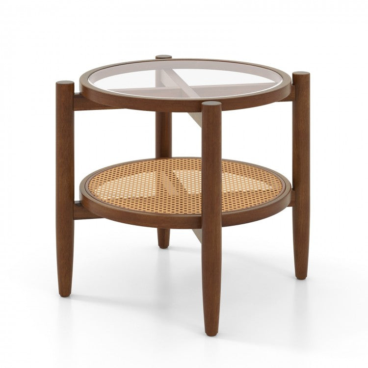Costway Wooden Round Side Tables with Tempered Glass Top - Suitable for Bedroom