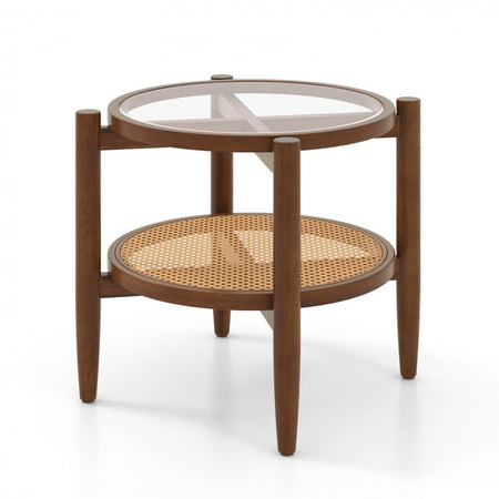 Costway Wooden Round Side Tables with Tempered Glass Top - Suitable for Bedroom