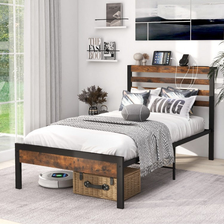 Costway Industrial Style Headboard with Built-in Outlets Retro Bed Frame