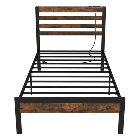 Costway Industrial Style Headboard with Built-in Outlets Retro Bed Frame