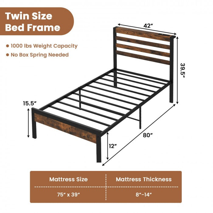 Costway Industrial Style Headboard with Built-in Outlets Retro Bed Frame
