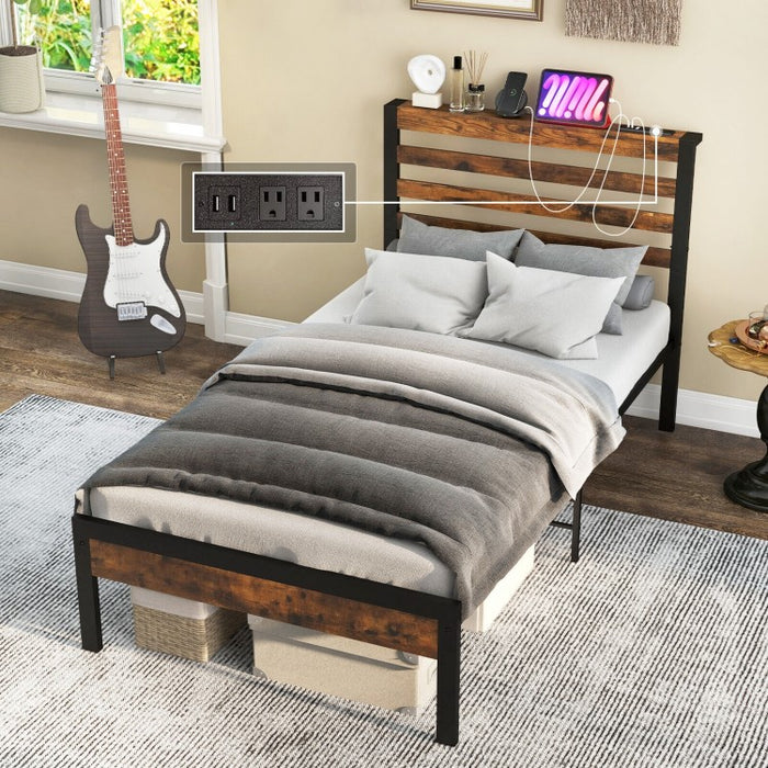 Costway Industrial Style Headboard with Built-in Outlets Retro Bed Frame