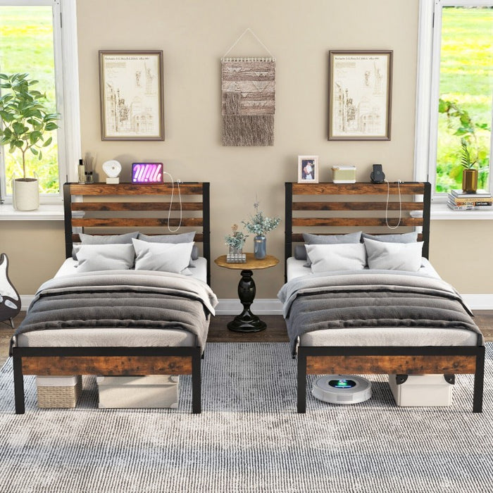 Costway Industrial Style Headboard with Built-in Outlets Retro Bed Frame