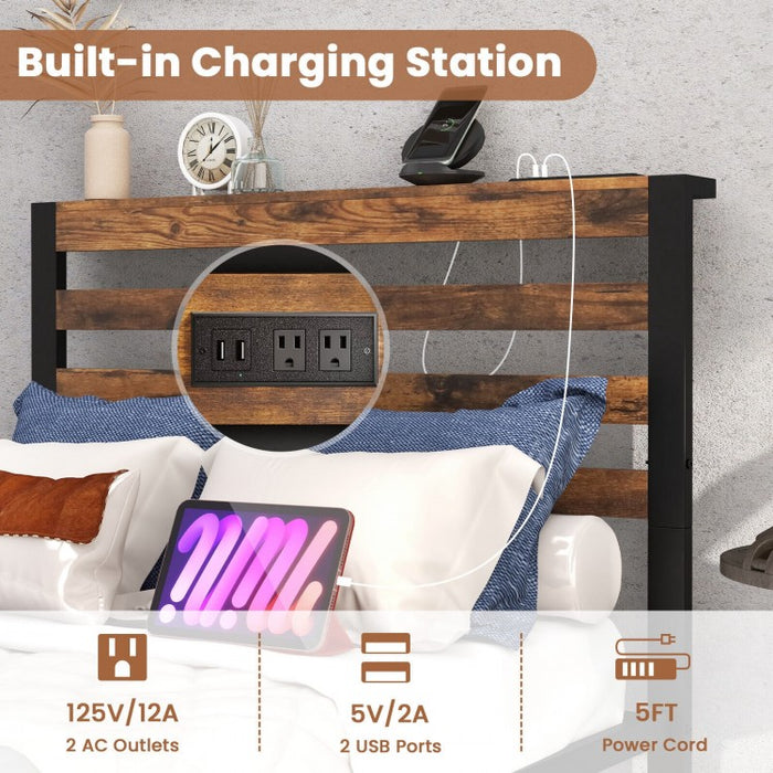 Costway Industrial Style Headboard with Built-in Outlets Retro Bed Frame
