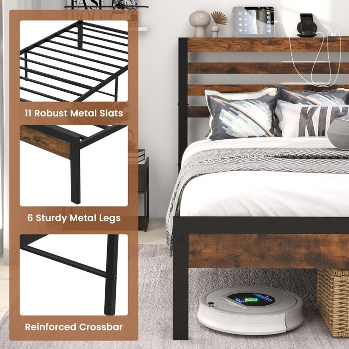 Costway Industrial Style Headboard with Built-in Outlets Retro Bed Frame