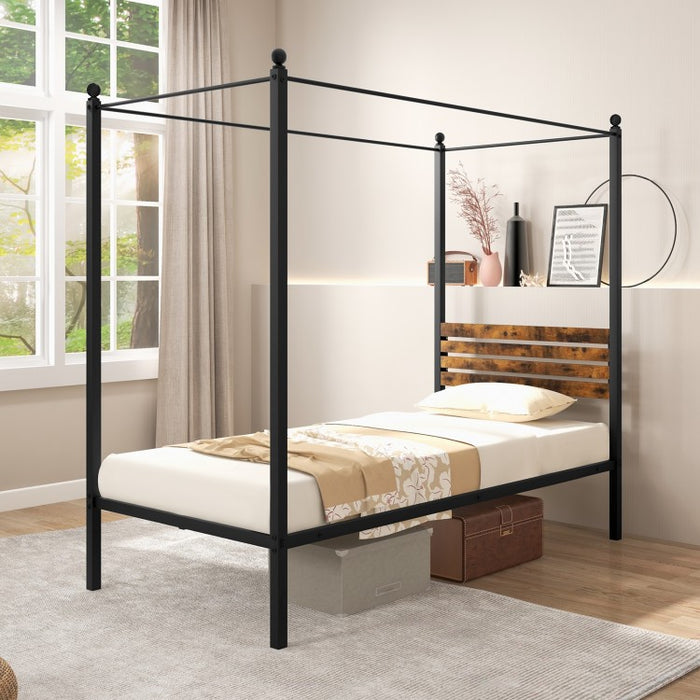Vintage Industrial-Style Metal Bed Frame with Canopy