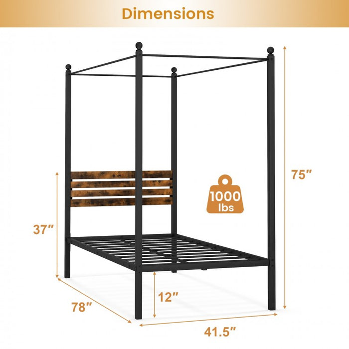 Vintage Industrial-Style Metal Bed Frame with Canopy