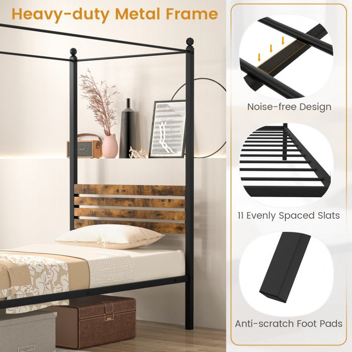 Vintage Industrial-Style Metal Bed Frame with Canopy