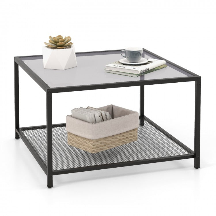 Modern Glass Coffee Table with Double-Layer Storage Grid Shelf - Suitable for Living Room and Office