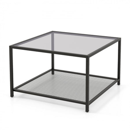 Modern Glass Coffee Table with Double-Layer Storage Grid Shelf - Suitable for Living Room and Office