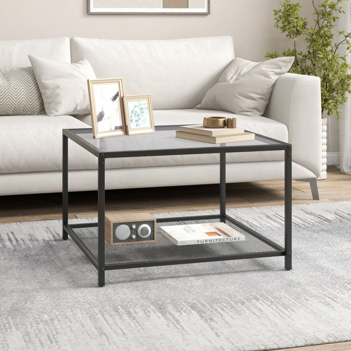 Modern Glass Coffee Table with Double-Layer Storage Grid Shelf - Suitable for Living Room and Office