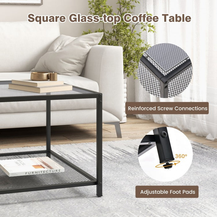 Modern Glass Coffee Table with Double-Layer Storage Grid Shelf - Suitable for Living Room and Office