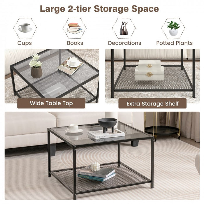 Modern Glass Coffee Table with Double-Layer Storage Grid Shelf - Suitable for Living Room and Office