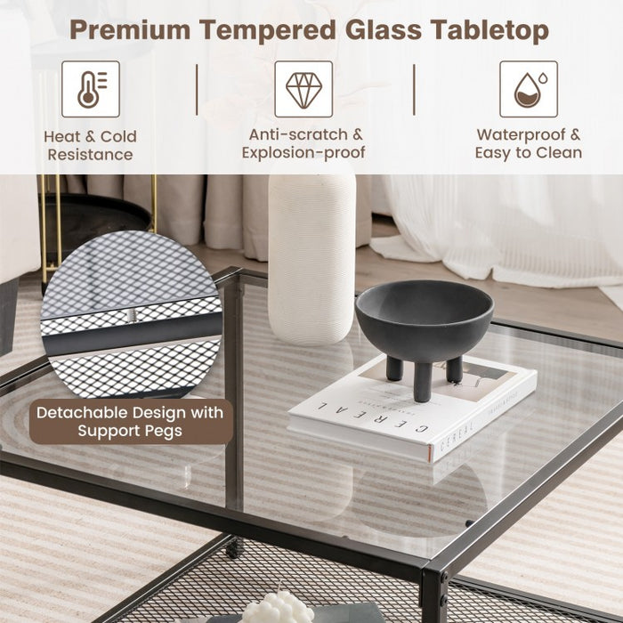Modern Glass Coffee Table with Double-Layer Storage Grid Shelf - Suitable for Living Room and Office