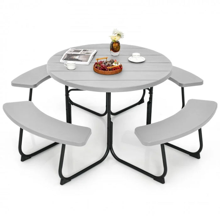 Costway Outdoor Modern Round Dining Table for 8 with Curved Seats - Suitable for Backyard and Garden