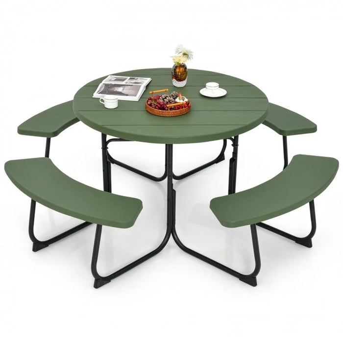 Costway Outdoor Modern Round Dining Table for 8 with Curved Seats - Suitable for Backyard and Garden