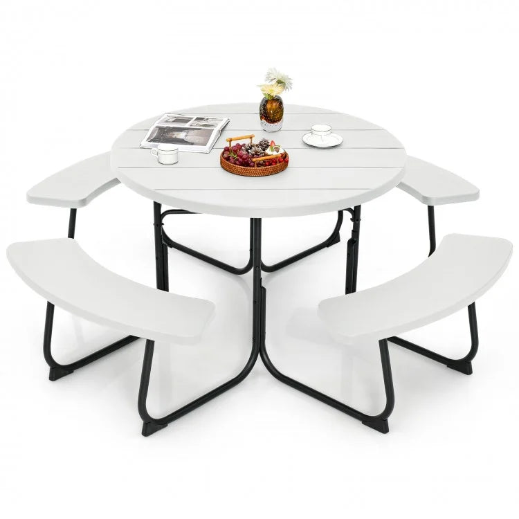 Costway Outdoor Modern Round Dining Table for 8 with Curved Seats - Suitable for Backyard and Garden