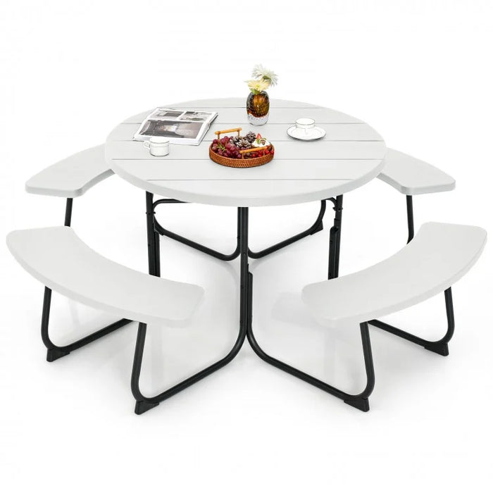 Costway Outdoor Modern Round Dining Table for 8 with Curved Seats - Suitable for Backyard and Garden