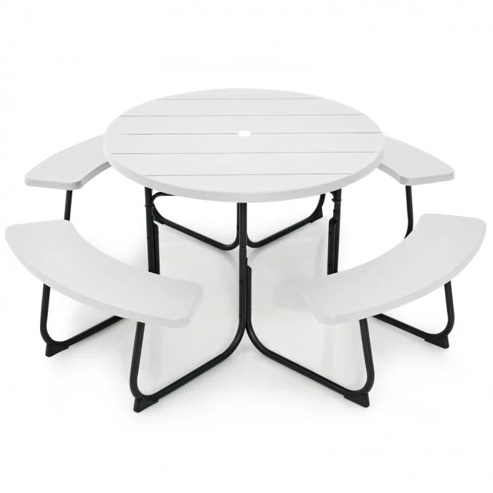 Costway Outdoor Modern Round Dining Table for 8 with Curved Seats - Suitable for Backyard and Garden