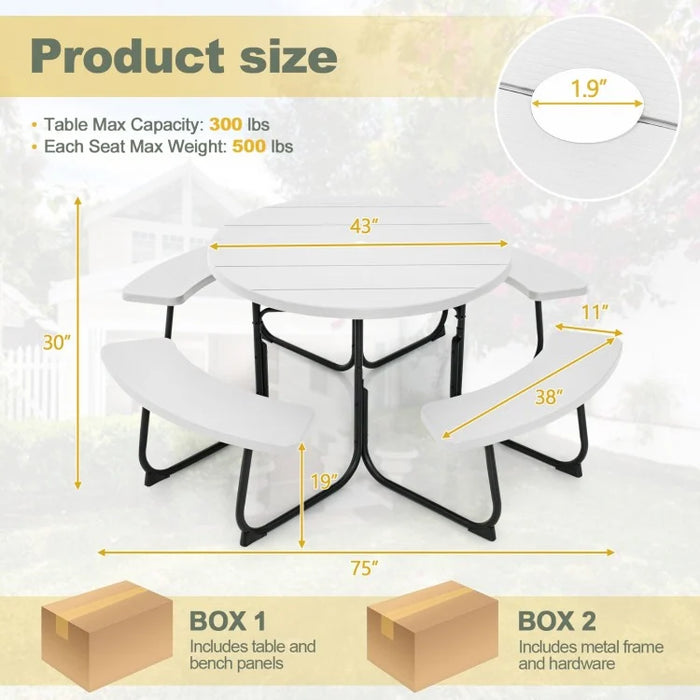 Costway Outdoor Modern Round Dining Table for 8 with Curved Seats - Suitable for Backyard and Garden