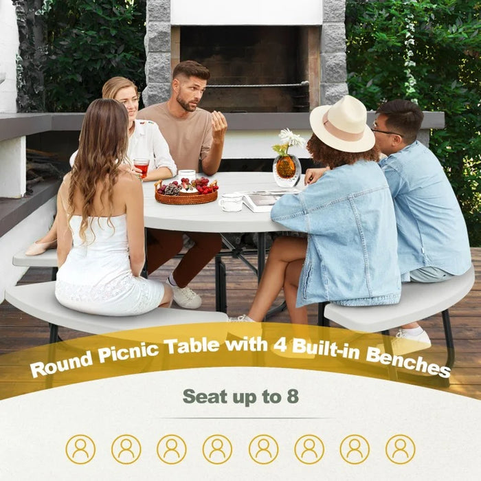 Costway Outdoor Modern Round Dining Table for 8 with Curved Seats - Suitable for Backyard and Garden