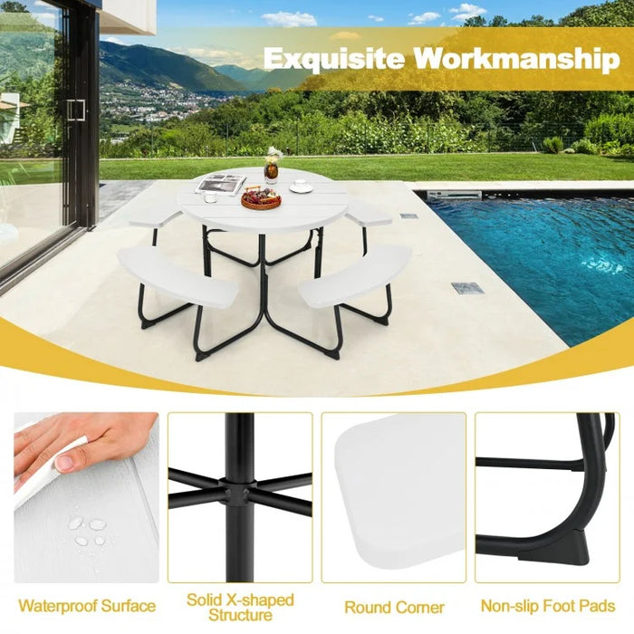 Costway Outdoor Modern Round Dining Table for 8 with Curved Seats - Suitable for Backyard and Garden