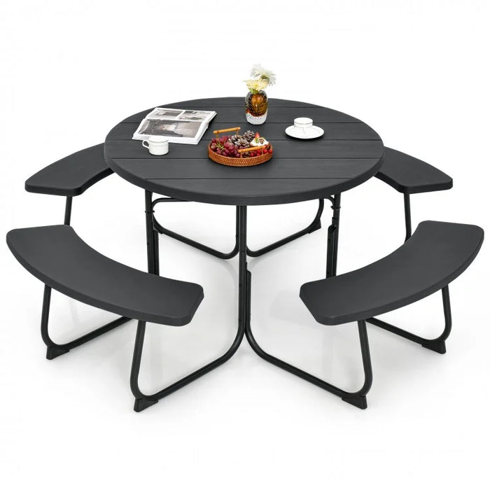 Costway Outdoor Modern Round Dining Table for 8 with Curved Seats - Suitable for Backyard and Garden