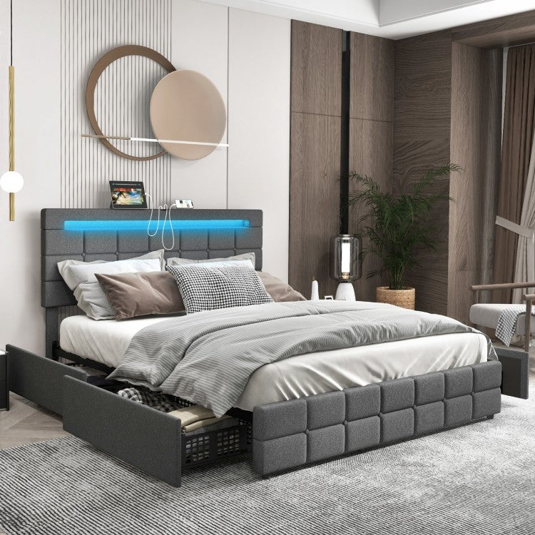 Modern Minimalist Bed Frame with USB Headboard, Drawers and LED Lights