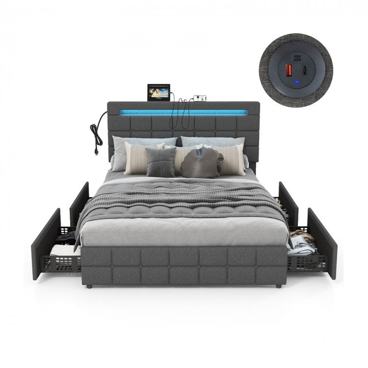 Modern Minimalist Bed Frame with USB Headboard, Drawers and LED Lights