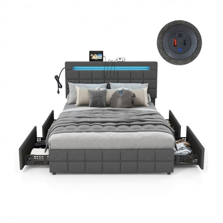 Modern Minimalist Bed Frame with USB Headboard, Drawers and LED Lights