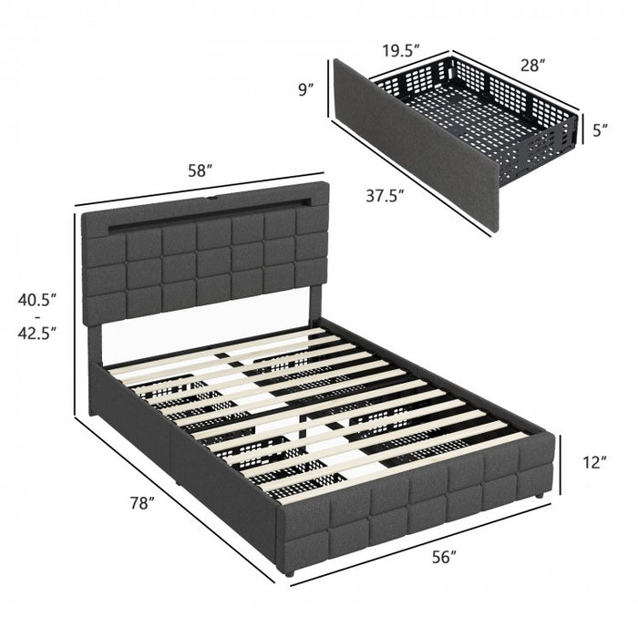 Modern Minimalist Bed Frame with USB Headboard, Drawers and LED Lights