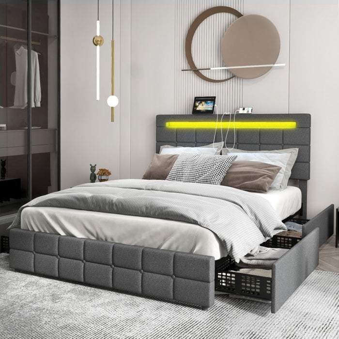 Modern Minimalist Bed Frame with USB Headboard, Drawers and LED Lights