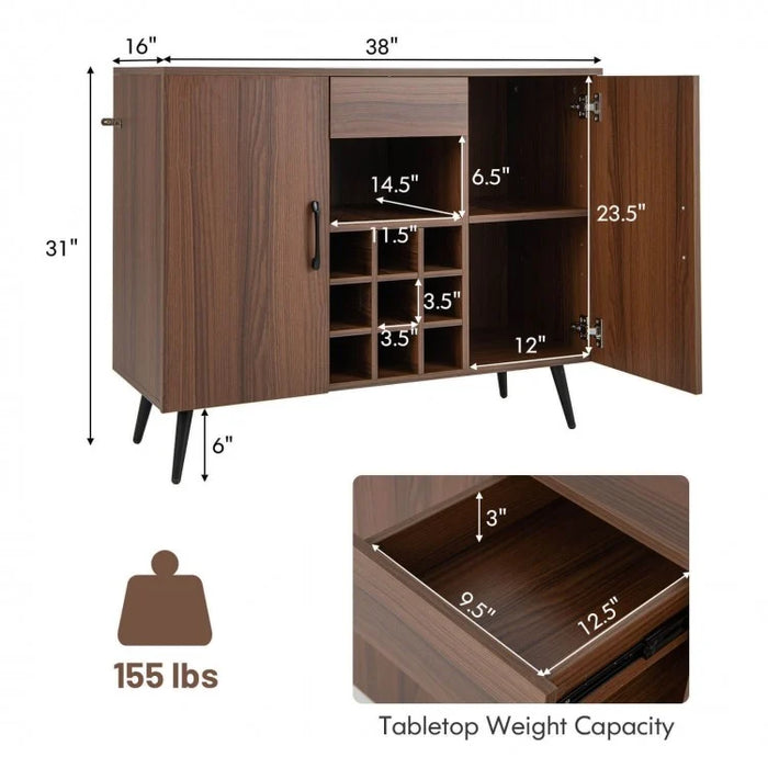 Costway Mid Century Modern Bar Cabinet Buffet with Wine Rack - Suitable for Dining Room and Kitchen