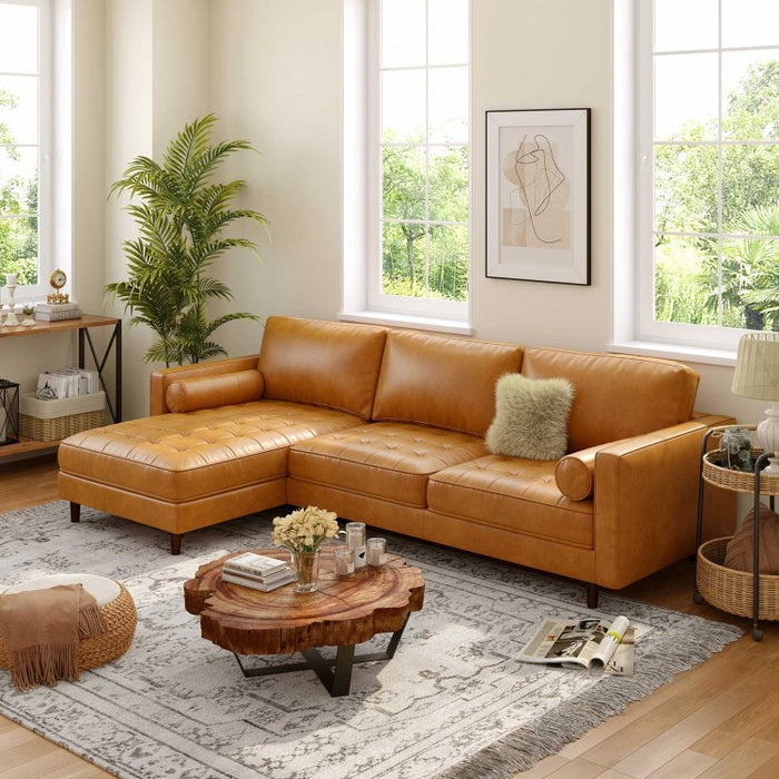 Costway Modern Brown Leather Couch for 3 - L-Shaped Sectional with Modular Design and Simple Style