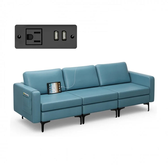 Costway Modern Leather Sofa Couch for Living Room - 3-Seater Bench with Side Pockets and USB Outlet